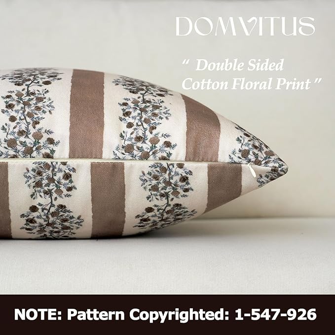 DOMVITUS Floral Throw Pillow Covers 18x18 Inch Set of 2, Block Print Decorative Pillow Covers Vintage Striped Neutral Farmhouse Boho Home Decor for Couch Sofa Bed Living Room, Brown