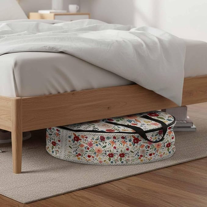 Storage Bag Beige Floral Round Storage Totes Bins Closet Organizers with Zippers & Handle Farmhouse Vintage Flower Clothes Storage Container for Bedroom Dorm Space Saving Packing Supplies Moving Bags