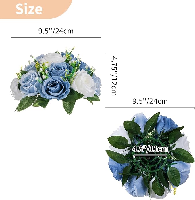 NUPTIO Flower Ball Arrangement Bouquet - 10 Pcs 9.5 inch Diameter Dusty Blue Fake Flowers Roses Balls for Centerpieces Tables - Artificial Rose Arrangements for Wedding Centerpiece Table Decorations