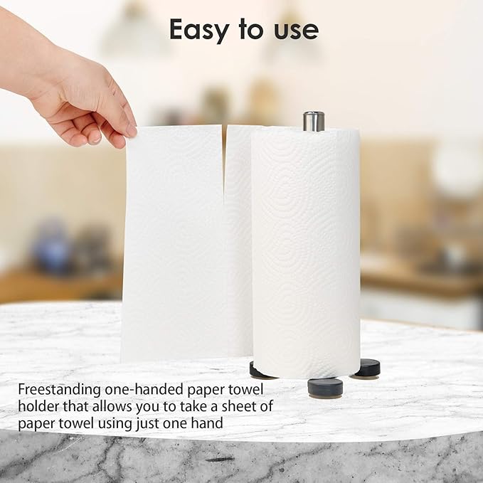 TOPKITCHEN 2 Pcs Stainless Steel Countertop Paper Towel Holder, Heavy Duty Weighted Base with Suction Cups, Free Standing Kitchen Roll Holder for Wall or Table