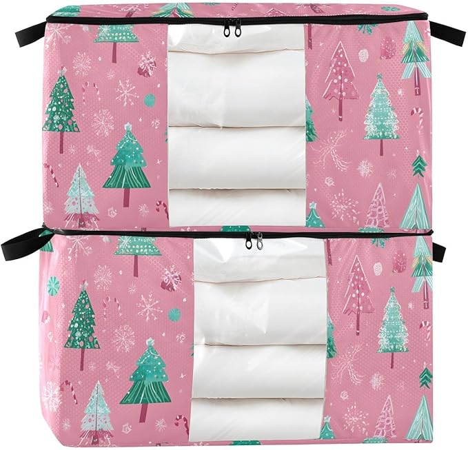 OTVEE Christmas Trees with Snowflakes on Pink Clothes Storage, 60L Foldable Storage Containers for Organizing Bedroom, Closet, Clothing, Comforter, Organization and Storage with Lids and Handle