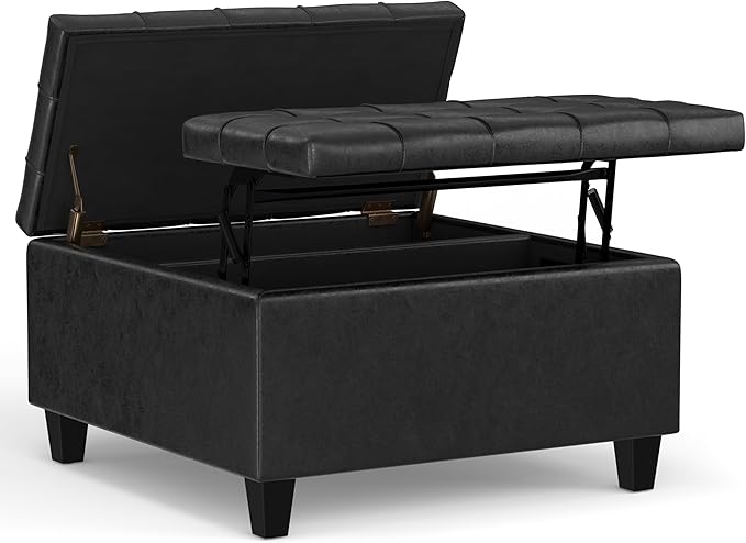SIMPLIHOME Harrison Small Coffee Table Storage Ottoman - 30 inch Wide Upholstered Vegan Leather Square Lift-Top Ottoman in Distressed Black, Transitional Ottoman for Living Room with Hidden Storage