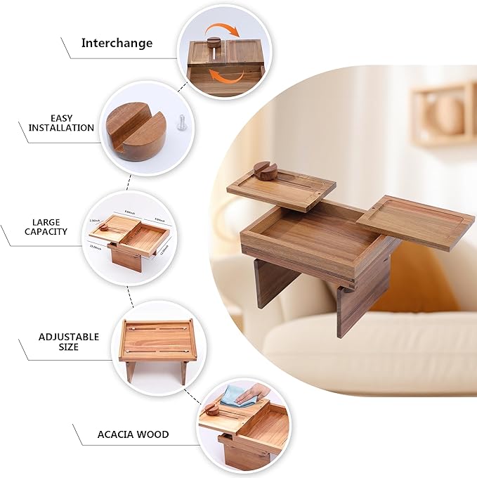 Acacia Wood Sofa Arm Tray, Adjustable Couch Armrest Table with 2 Rotatable Trays & a Storage Box | 360° Rotating Phone Holder for Drinks, Cups, Snacks, and Remote