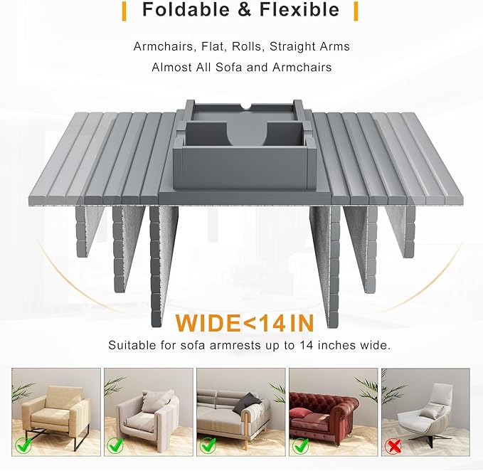 Bestjing Bamboo Couch Armrest Table, Sofa Arm Tray with Detachable Couch Cup Holder- 2 in 1 Anti-Slip Foldable Sofa Armchair Caddy Table for Drinks Cellphone TV Remote Snacks (Gray)