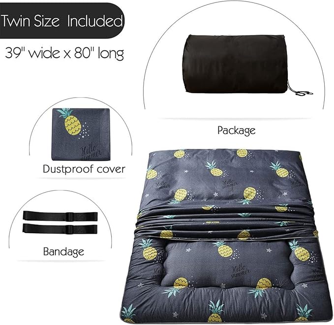 MAXYOYO Grey Pineapple Japanese Floor Futon Mattress, Tatami Floor Mat Portable Camping Mattress Kids Sleeping Pad Foldable Roll Up Floor Lounger Couch Twin Size with Mattress Protector Cover