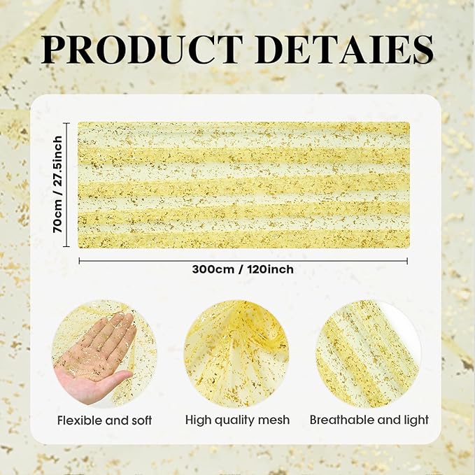 Artoid Mode 3PCS Light Yellow Gold Gauze Table Runner 120 Inch 10FT, Glitter Metallic Foil Sheer Dining Wedding Anniversary Holiday Birthday Table Decor for Home Party