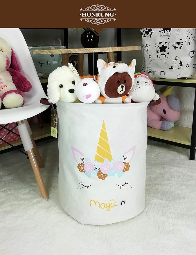 HUNRUNG Collapsible Fabric Storage Basket, Waterproof Laundry Hamper with Handles, Round Storage Bin for Clothes Toys, Foldable Organizer for Bedroom Nursery Bathroom(Round-magic-unicorn)