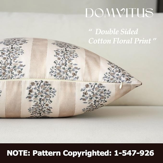 DOMVITUS Floral Throw Pillow Covers 18x18 Inch Set of 2, Block Print Decorative Pillow Covers Vintage Striped Neutral Farmhouse Boho Home Decor for Couch Sofa Bed Living Room, Neutral