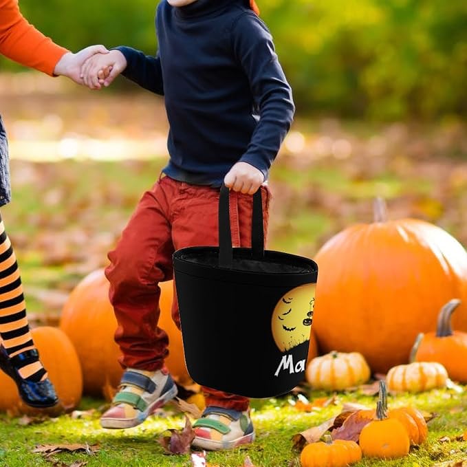 Personalized Halloween Trick or Treat Candy Bag with Name Custom Text Party Tote Bucket Halloween Candy Basket Gift (Bag-9)