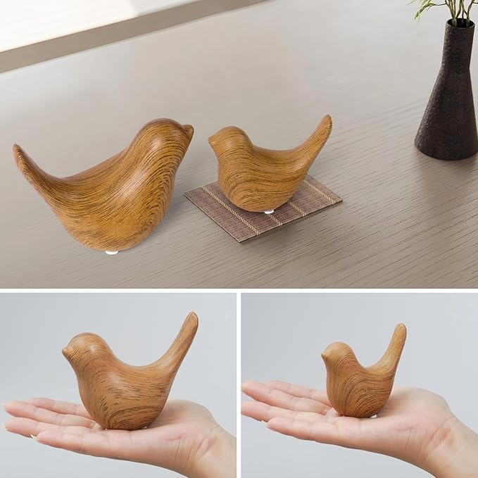Elegant Wood Look Small Bird Sculptures,Modern Abstract Art Pieces for Bookshelf Decor, Coffee Table Decor, and Luxury Home Decor Accents(2Pcs Set)