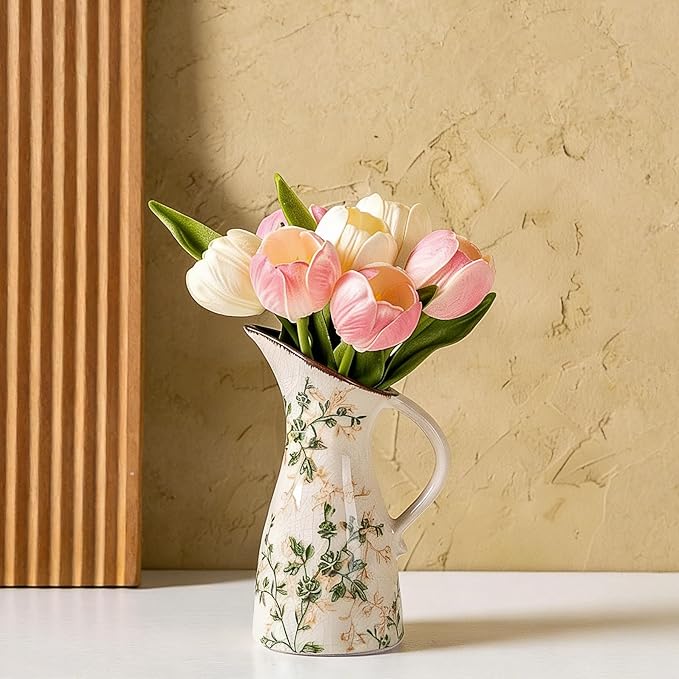 for Mom from Daughter or Son, SURE YUESI 7.3” Green Handcrafted Ceramic Pitcher Vase, Vintage Pastoral Floral Vase, Farmhouse Chinoiserie Tuscan Cottage Core Rustic Table Centerpiece
