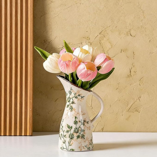 for Mom from Daughter or Son, SURE YUESI 7.3” Green Handcrafted Ceramic Pitcher Vase, Vintage Pastoral Floral Vase, Farmhouse Chinoiserie Tuscan Cottage Core Rustic Table Centerpiece