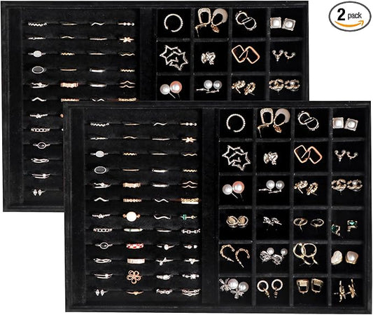 Large Velvet Jewelry Tray 2 Pack Stackable Jewelry Display Drawer Inserts Trays Organizer for Earring Bracelet Necklace Ring (Black, Ring and 24 Grids)