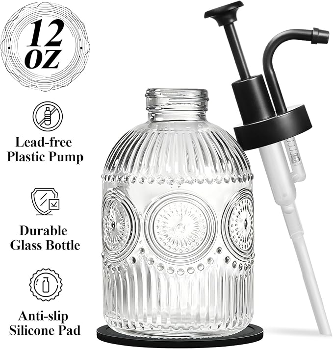 SheeChung 12Oz Vintage Glass Bathroom Soap Dispenser, Kitchen Dish Soap Dispenser with Pump, Refillable Liquid Hand Soap Bottle, Lotion, Antique Rustic Farmhouse Decor (Clear-Black Pump, 2 Pack)