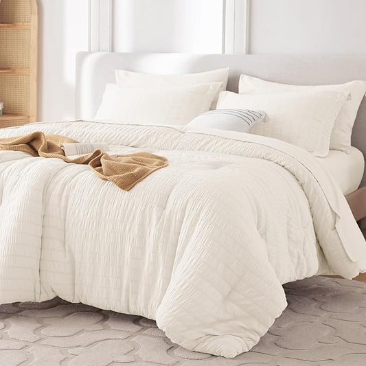MUXHOMO 7 Pieces King Comforter Set, Seersucker Bed in a Bag King Size, All Season Luxury Bedding Set with Comforter, Flat Sheet, Fitted Sheet, Pillowcases & Shams, Ivory