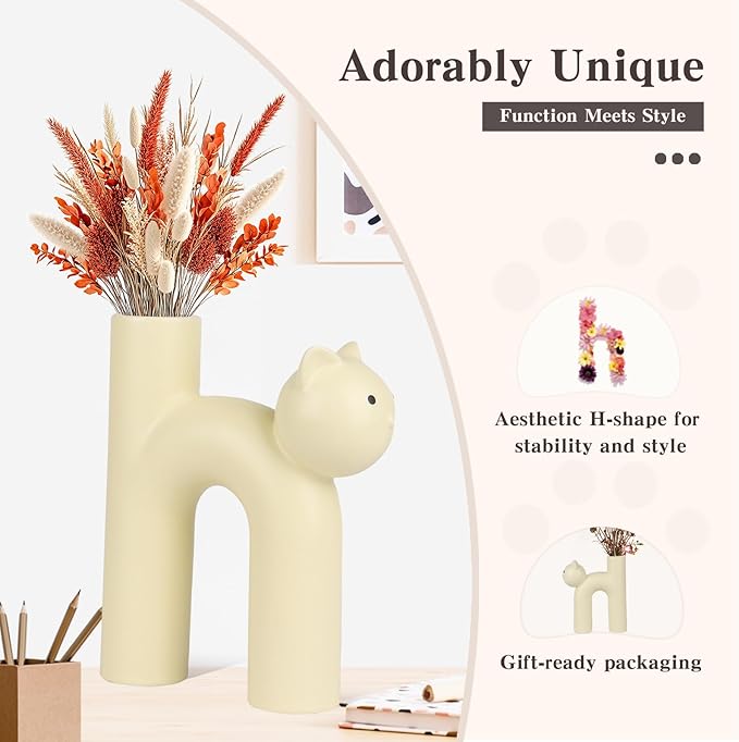 Cat Vase for Flowers, Ceramic Cat Decor for Home, Minimalist Flower Vase for Dried Flowers & Pampas Grass, Cat Lover Gifts for Women, Cat Mom Gifts, Cute Desk & Shelf Decor, Creamy Beige