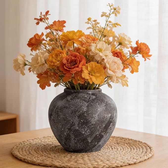 Large Rustic Black Stone Vase Home Decor - 8.8 in Ceramic Vintage Farmhouse Vases for Decor, Decorative Terracotta Round Clay vase for Living Room, Table, Shelf, Kichen Décor