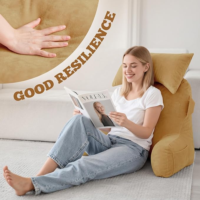 Unisakey Portable Reading Pillows with Headrest for Bed Sitting Up(Camel Oeko-Tex), Velvet Back Pillow with Arms & Pockets for Adults, Support Memory Foam Bed Pillow for Dorm/Reading/Watching/Gaming