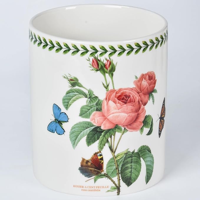 Floral Kitchen Utensil Holder, 7.1 Inch Large Ceramic Crock, Sunflower Pattern, White Kitchen Counter Organizer (pink rose)
