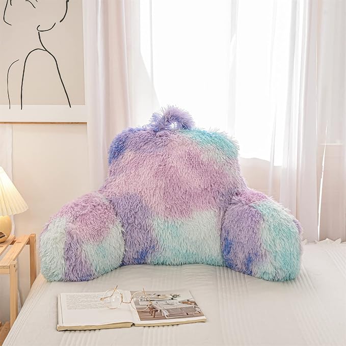 A Nice Night Faux Fur Reading Pillow Bed Wedge Large Adult Children Backrest with Arms Back Support for Sitting Up in Bed/Couch for Bedrest,BluePurple