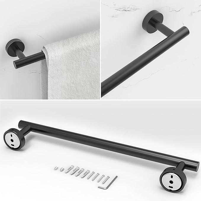 RARXTR 6 PCS Bathroom Hardware Set, Including 16" Hand Towel Bar, Toilet Paper Holder, Towel Ring, Robe Towel Hooks, Bathroom Accessories Kit(Matte Black)