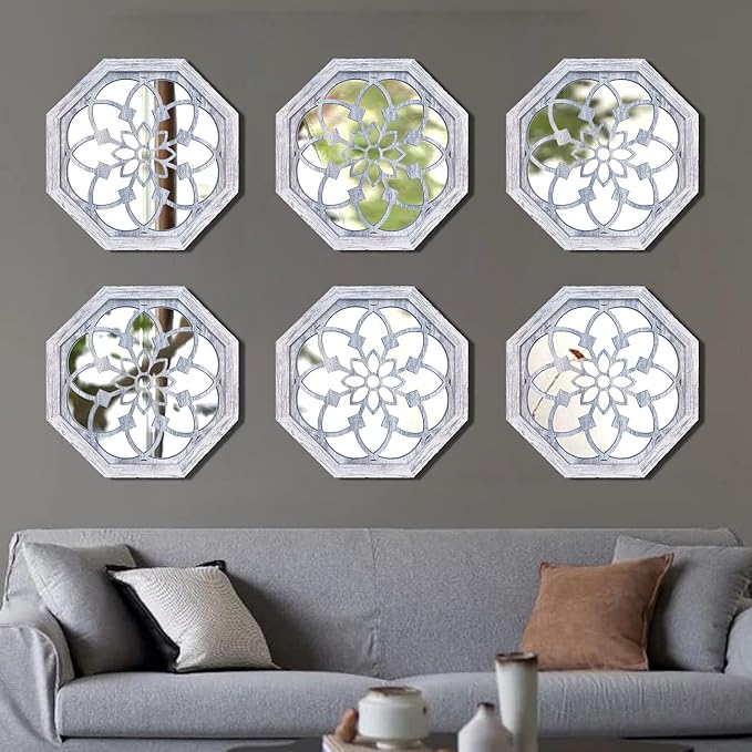 ZOLAPI 2 PCS Octagon Wall-Mounted Mirrors,Vintage Farmhouse Mirror for Wall Decor,Rustic White Color Decorative Accent Mirror for Foyer, Bathroom, Bedroom. (12”x12”)