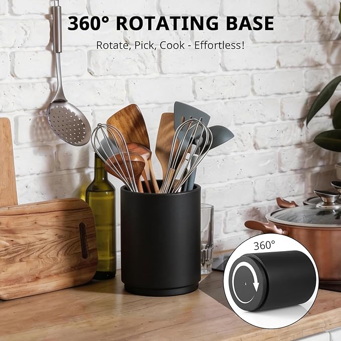 Bivvclaz Wooden Utensil Holder, 360°Rotating 7.2" Utensil Holder for Kitchen Counter, Large Kitchen Utensil Holder, Cooking Utensil Crock for Countertop, Black Kitchen Decor and Accessories