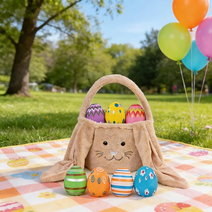 Plush Bunny Easter Egg Handbag Set, 2026 New Easter Storage Basket, 12 Openable Easter Eggs(Brown)
