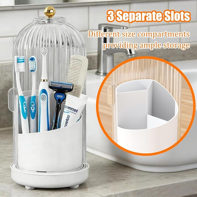 JEESA Toothbrush Holder Organizer, with Drainage Holes, with Dustproof Cover, 360 Rotating, 3 Slots, for Bathroom Countertop, White