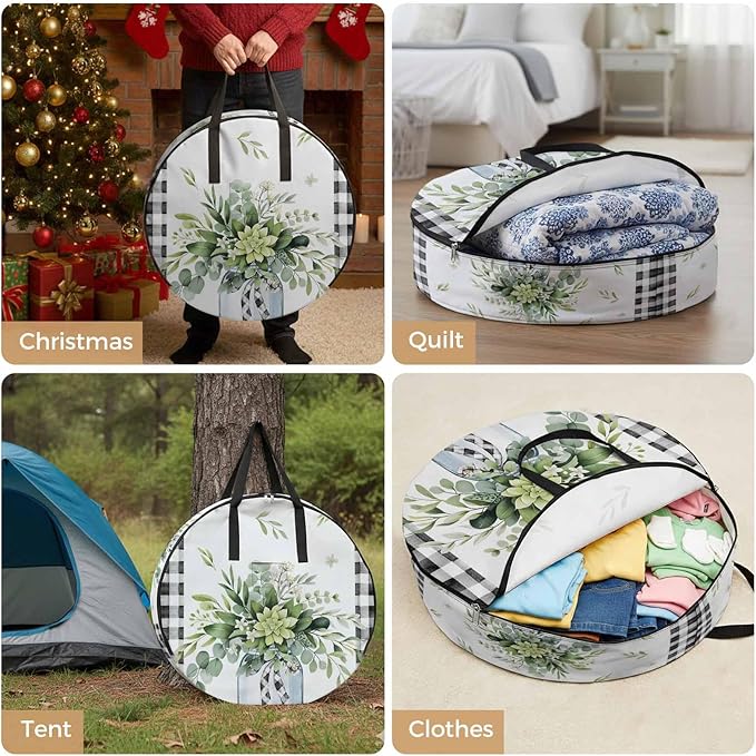 Storage Bag Eucalyptus Leaves Vase Round Storage Totes Bins Closet Organizers with Zippers & Handle Green Leaf Floral Black Plaid Clothes Storage Container for Bedroom Space Saving Packing Supplies