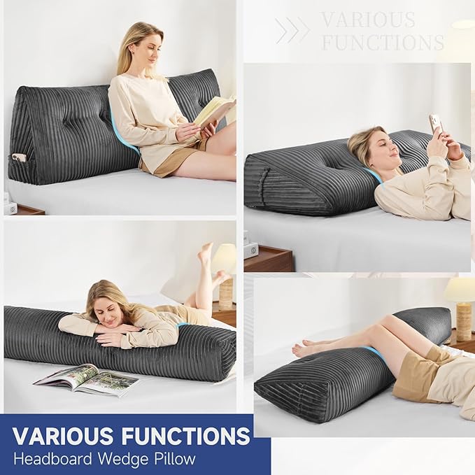 Z-hom King Size Wedge Headboard Pillow with 1 Roll Cushion, Large Reading Pillow for Bed Sitting Up, Triangular Backrest Cushion for Headboard, Supportive Pillow for Back Pain Relief, Grey