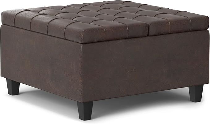 SIMPLIHOME Harrison Small Coffee Table Storage Ottoman - 30 inch Wide Upholstered Vegan Leather Square Lift-Top Ottoman in Distressed Brown, Transitional Ottoman for Living Room with Hidden Storage