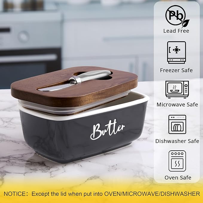 ALELION Ceramic Butter Dish with Lid and Knife for Countertop, Airtight Butter Keeper for Counter or Fridge, Butter Container with Thick Acacia Wood Lid, for Kitchen Decor and Accessories, Gray