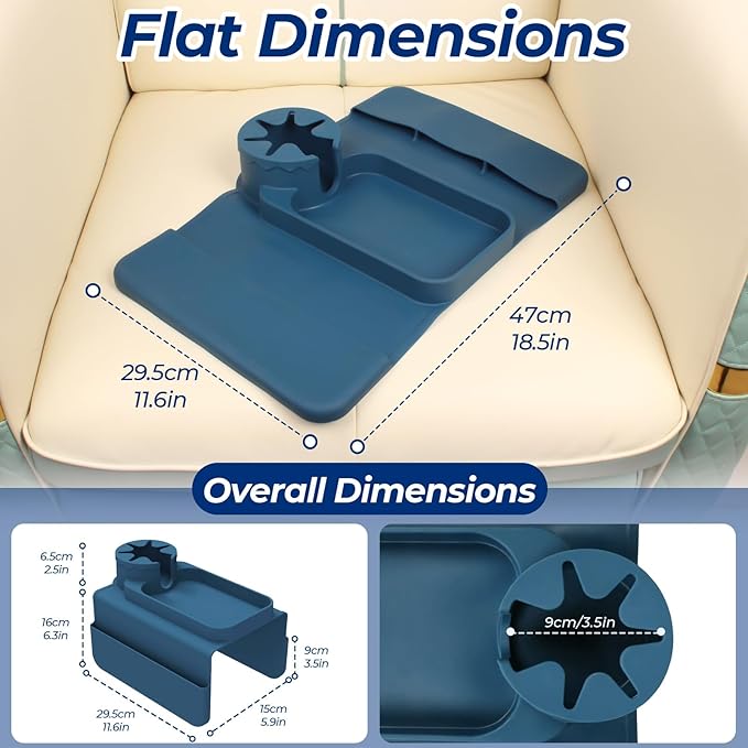 Silicone Couch Cup Holder Tray, 3-Side Sofa Armrest Organizer with Secure Gear-Shaped Locking Holder & Large Tablet Slot, Non-Slip Weighted Armchair Caddy, Couch Accessories (Navy Blue)