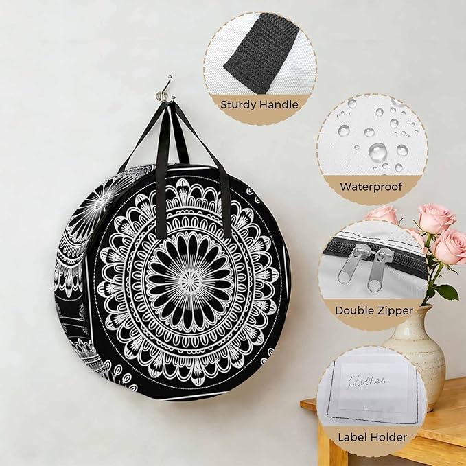 Storage Bag Black Boho Floral Pattern Round Storage Totes Bins Closet Organizers with Zippers & Handle Ethnic Bohemian Lines Clothes Storage Container for Bedroom Dorm Space Saving Packing Supplies