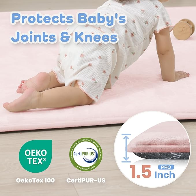 1.5" Thick Baby Play Mat for Floor, 50x50 Playpen Mat, Pro Soft Flannel Foam Mats Toddler Infant Kids Crawling for Nursery Rug Playroom Living Room Waterproof Easy Care Non-Slip (Baby Pink)