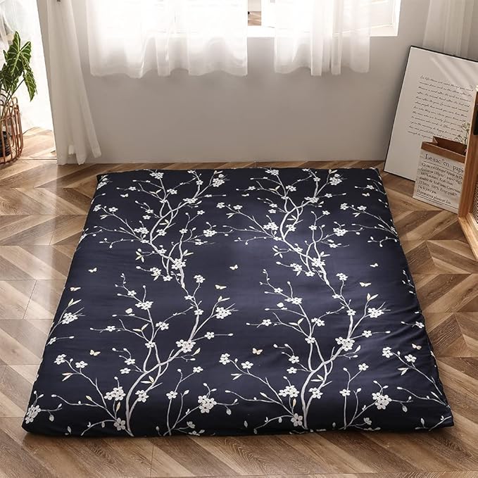 MAXYOYO Navy Floral Printed Japanese Floor Mattress Rustic Style Futon Mattress Foldable Bed Roll Up Camping Mattress Floor Lounger Bed Couches, King Size