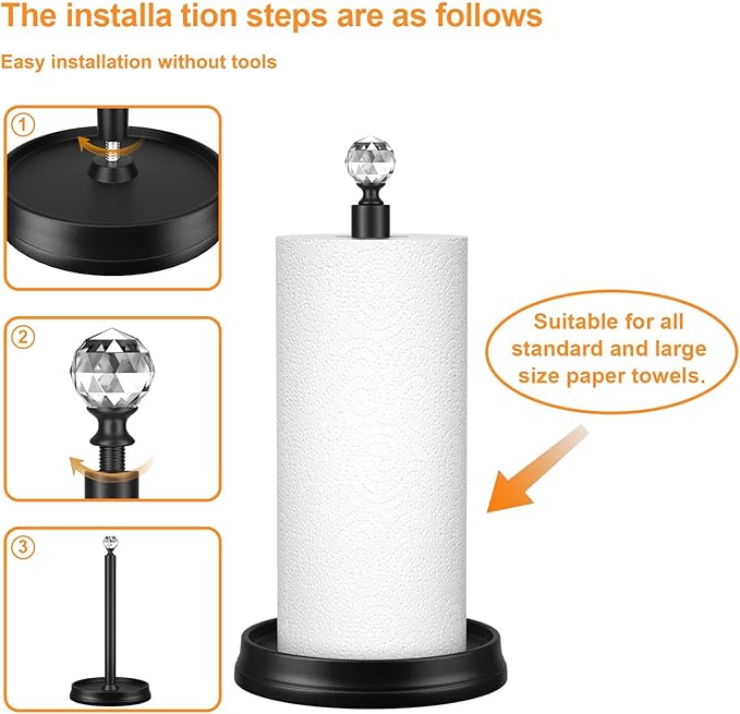 KASUNTO Paper Towel Holder, Steel Paper Towel Holder Countertop with Crystal Head for Kitchen Countertops, Bars & Dining Tables (Matte Black,2 Pack)