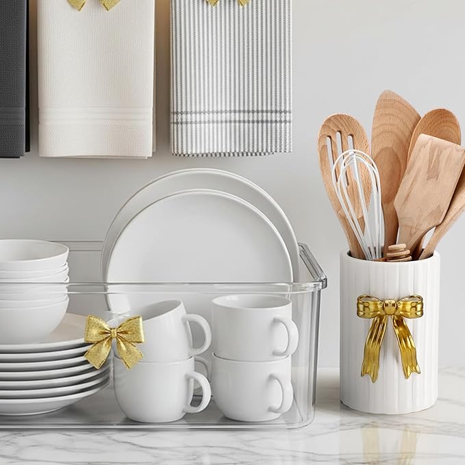 LemonRoad Ceramic Utensil Holder Kitchen Handmade Gold Bow 3D Cooking Utensil Crock with Scalloped Edge Design Vintage Retro Storage Caddy Organizer Vase Decor for Kitchen Accessories Countertop Gift