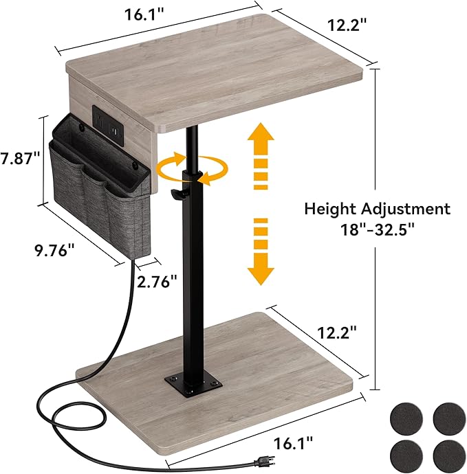 Vagusicc Sofa Armrest Tray Table for Couch - 360° Swivel Height Adjustable Side Table for Small Spaces, Snack Side Table for Bed or Chair, C Shaped End Table Snack Table for Eating Dinner Laptop