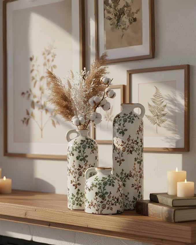 3-Piece Ceramic Jug Vase Set with Handles – Vintage Green Floral Crackle Glaze Decorative Vases for Home, Farmhouse Living Room, Shelf & Table Decor