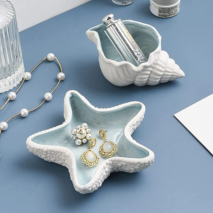 Conch Jewelry Dish Tray - Ceramic Ring Holder, Trinket Tray, Ocean Style Storage for Earrings and Candy - Table Decoration Supplies