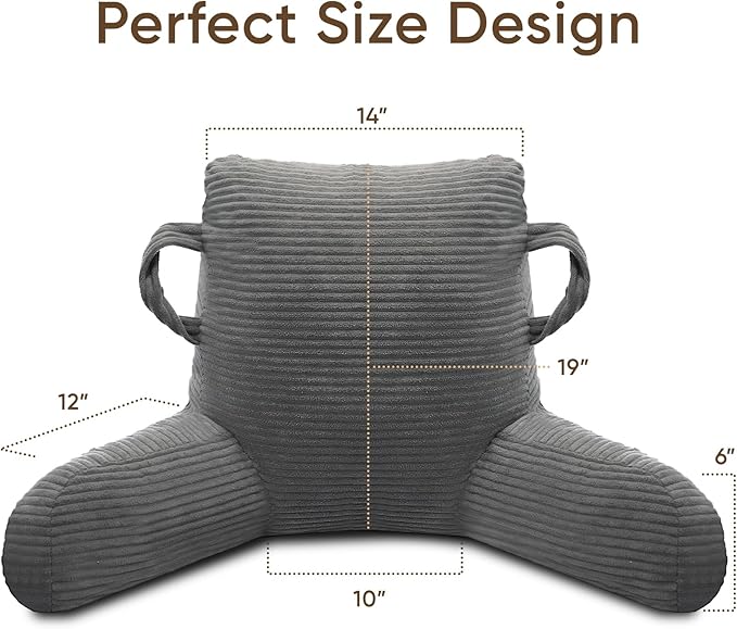 Reading Pillow for Sitting in Bed Adult, Bed Reading Pillow with Shredded Memory Foam, Back Pillow for Sitting with Arms and Pockets, Gery
