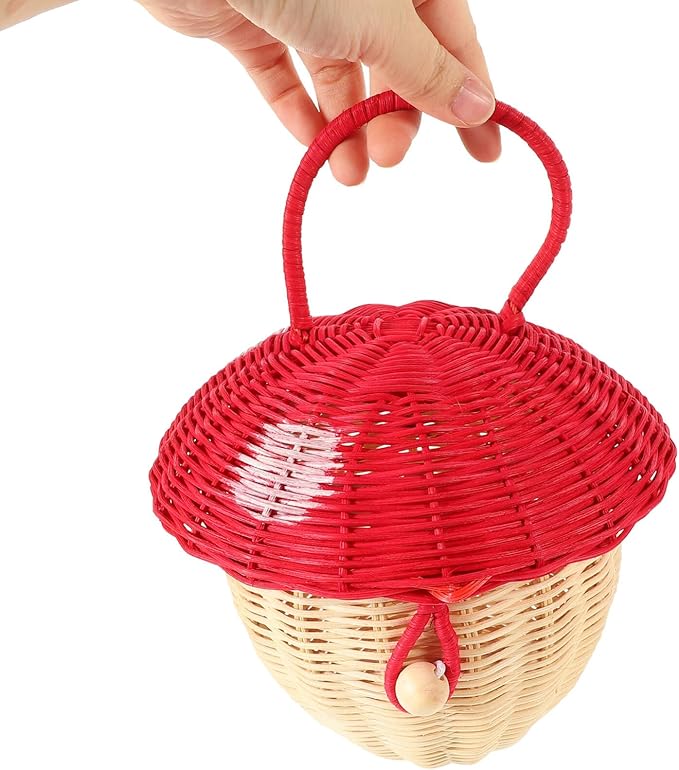 TEHAUX Rattan Mushroom Basket with Lid, Handwoven Rattan Storage Basket Decorative Straw Bag Box Organizer Prop for Room Decor Desktop Props Christmas