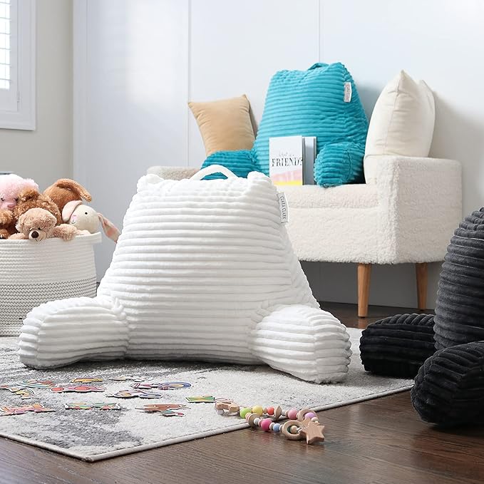 Clara Clark Reading Pillow for Bed Adult –Back Pillow for Sitting in Bed, Standard Plush Bed Pillows for Sitting Up in Bed, Shredded Foam Bed Chair Pillow with Arms and Pockets, White Bed Rest Pillow
