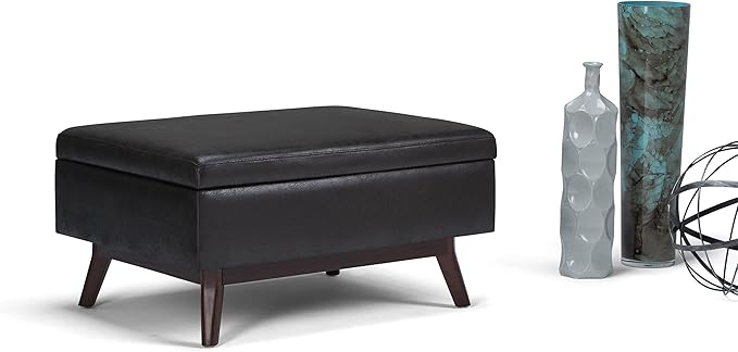 SIMPLIHOME Owen Coffee Table Storage Ottoman - 34" Wide x 19" High Upholstered Vegan Leather Rectangular Lift-Top Ottoman in Distressed Black, Mid-Century Bench for Living Room with Tapered Legs