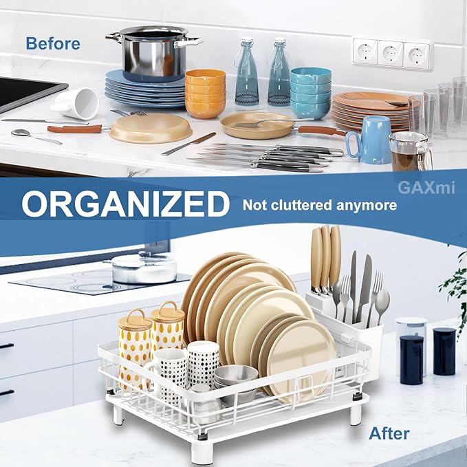 GAXmi Dish Drying Rack Over The Sink Drainer with Drainboard Utensil Holder, 1-Tier White