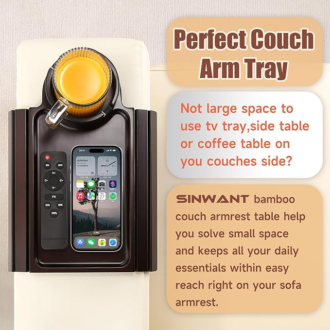 SINWANT Couch Cup Holder Tray, 2 in 1 Bamboo Couch Armrest Table Clip on Sofa Armrest Table,Foldable Anti Silp Arm Rest Side Tray for Drink Coffee Mug, Snacks, Remote