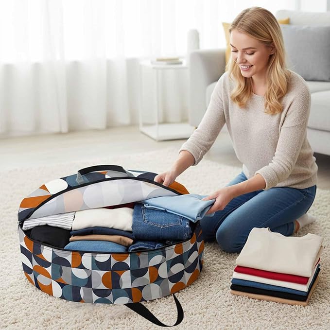 Storage Bag Mid Century Geometric Round Storage Totes Bins Closet Organizers with Zippers & Handle Abstract Modern Orange Blue Clothes Storage Container for Bedroom Dorm Space Saving Packing Supplies