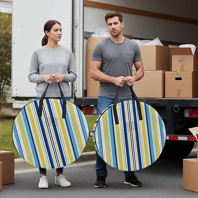 Storage Bag Navy Blue Striped Round Storage Totes Bins Closet Organizers with Zippers & Handle Geometric Yellow Stripes Clothes Storage Container for Bedroom Dorm Space Saving Packing Supplies Bags